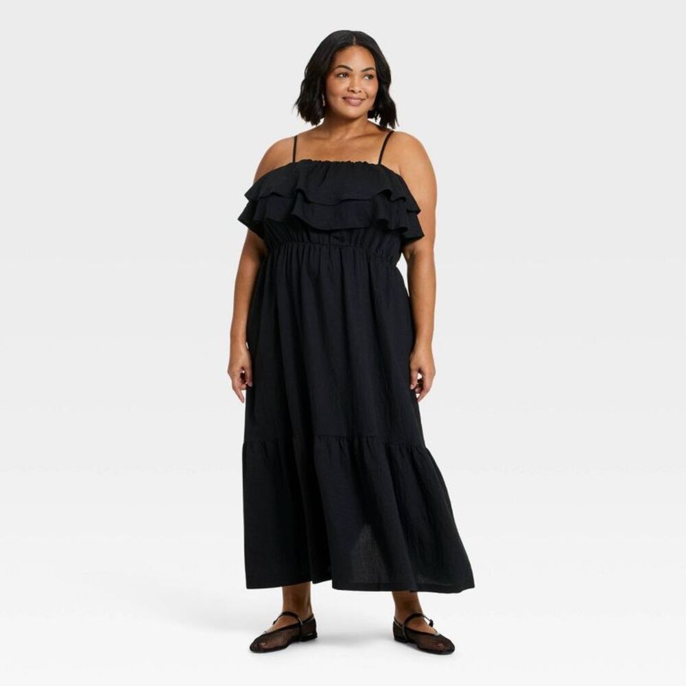 Women's Sleeveless Ruffle Maxi A-Line Dress Black XXL